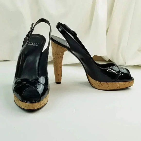 Stuart Weitzman 10M Exsling Peep Toe Slingback Cork Platform Heels Black Patent - Picture 6 of 12